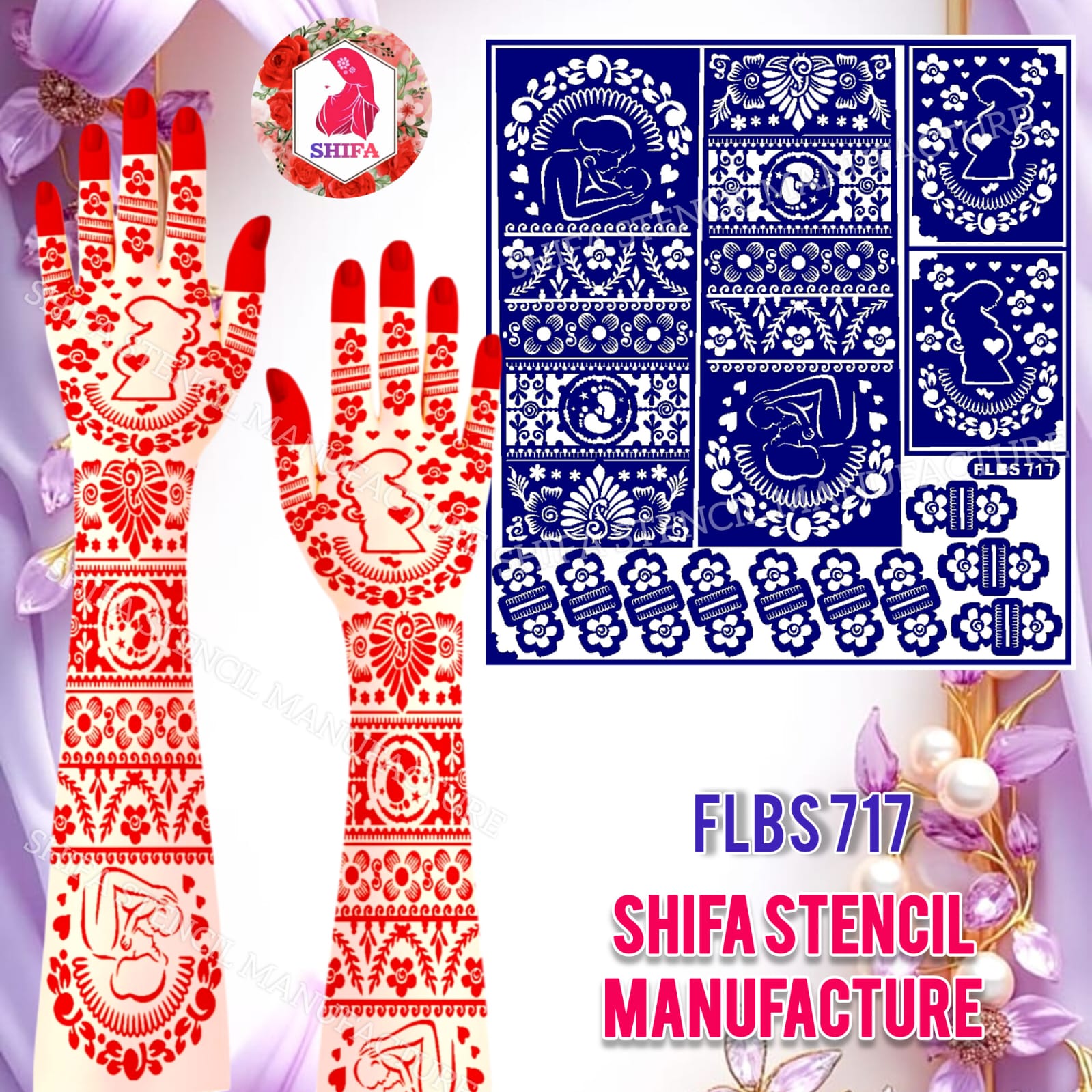 FLBS 717 Motherhood Blessing Designs Sticker Overview Henna Stencil - Shifa Stencil